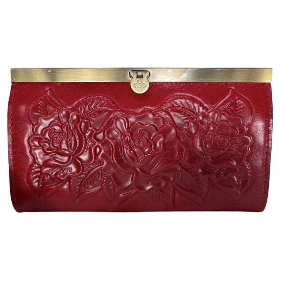Patricia Nash Handbags - Patricia Nash Red Tooled Leather Rose Embossed Terresa Frame Kiss Lock Wallet